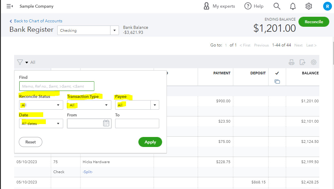 Cài đặt bộ lọc trong sổ đăng ký QuickBooks Online