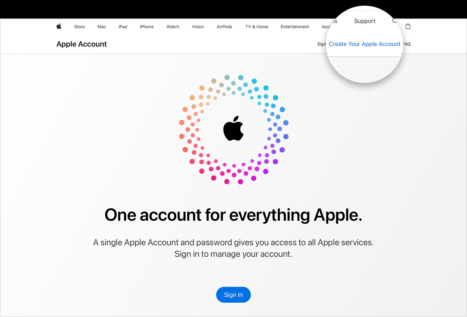 Web screen showing the link for Create your Apple Account