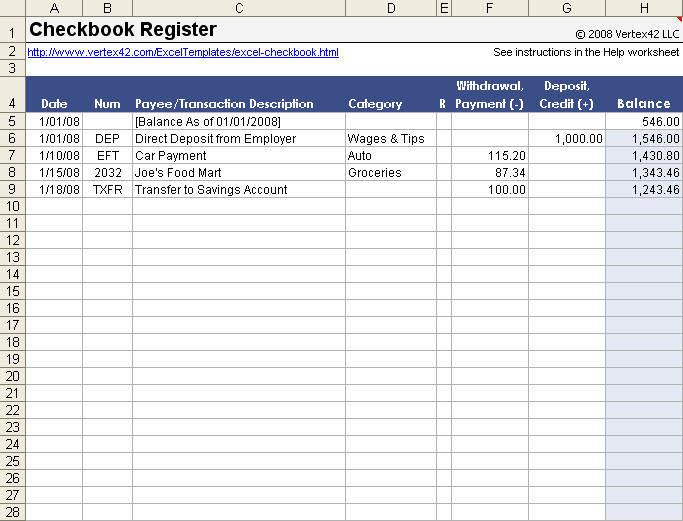 Giao diện sổ séc phiên bản gốc trong Excel 2003