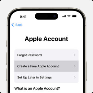 iPhone screen showing the option to select Create a Free Apple Account