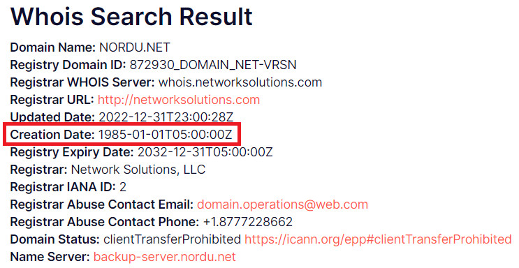 Kết quả tìm kiếm WHOIS cho nordu.net, với Ngày tạo được đánh dấu.