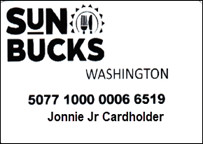 Hình ảnh thẻ SUN Bucks màu đen trắng. Logo SUN Bucks Washington, số thẻ, tên chủ thẻ