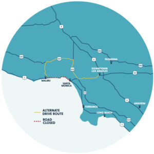 Bản đồ các tuyến đường bị đóng ở khu vực Los Angeles do cháy rừng tháng 1 năm 2025