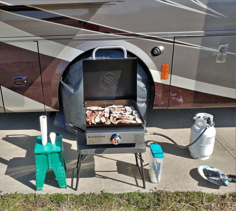 One of the very best uses for the grill is cooking bacon. The Blackstone griddle here in this picture is cooking one-pound of bacon.