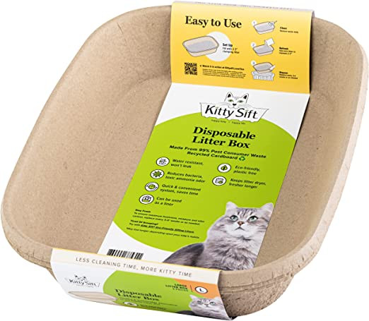 Khay vệ sinh dùng một lần Kitty Sift Disposable Cat Litter Box được làm từ bìa carton tái chế và có lớp lót lọc tiện lợi.