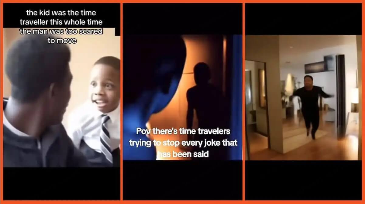 Meme nhạc du hành thời gian AI trên TikTok với hình ảnh du khách thời gian xuất hiện bất ngờ trong một sự kiện lịch sử, tạo ra tình huống hài hước