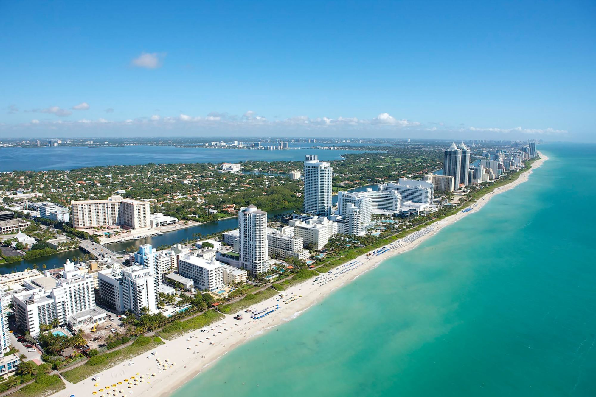 Hình ảnh bãi biển Miami với các tòa nhà cao tầng