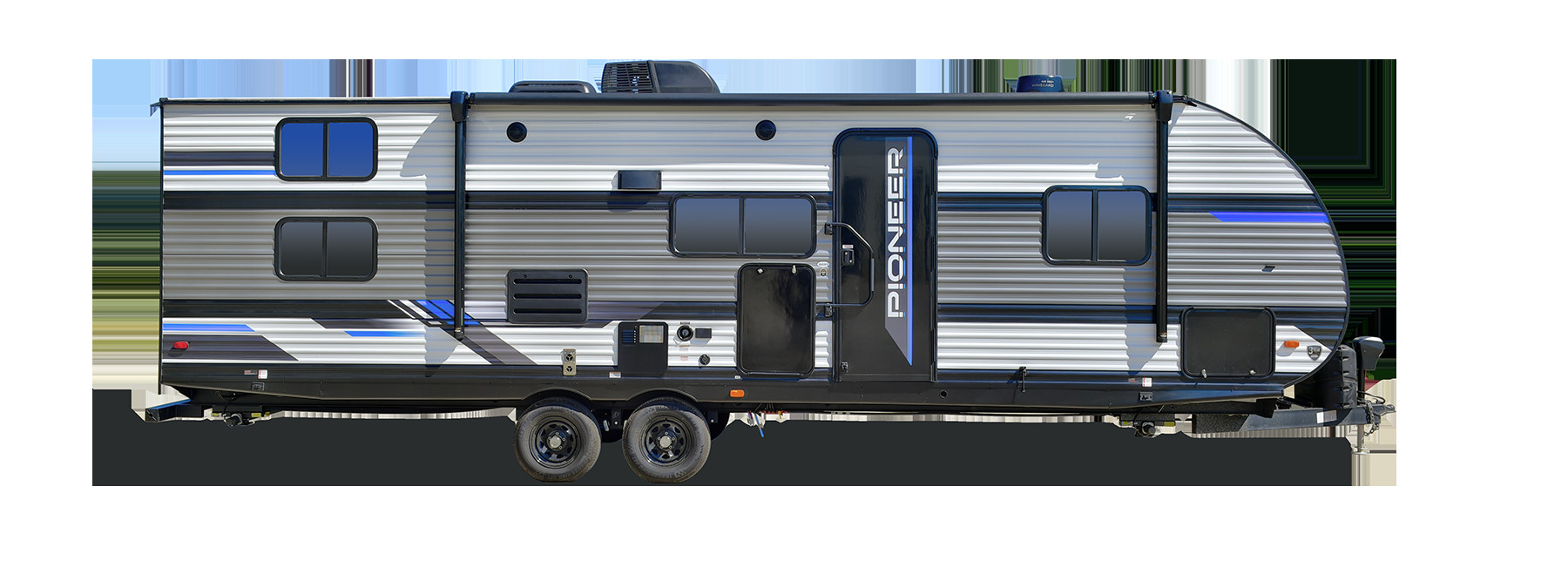 Dãy xe Heartland Pioneer travel trailer đậu thẳng hàng.