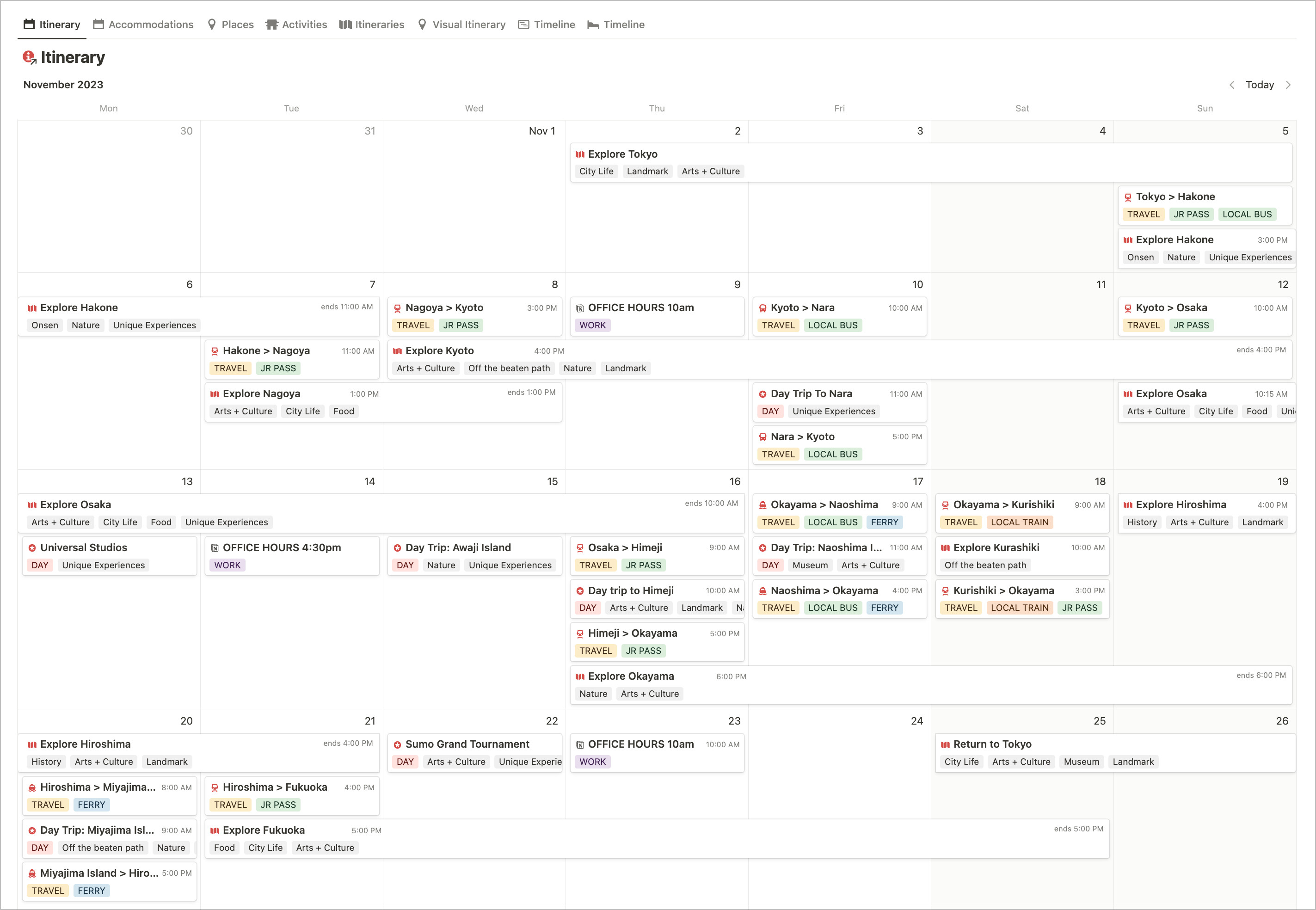 Notion Itinerary Calendar View