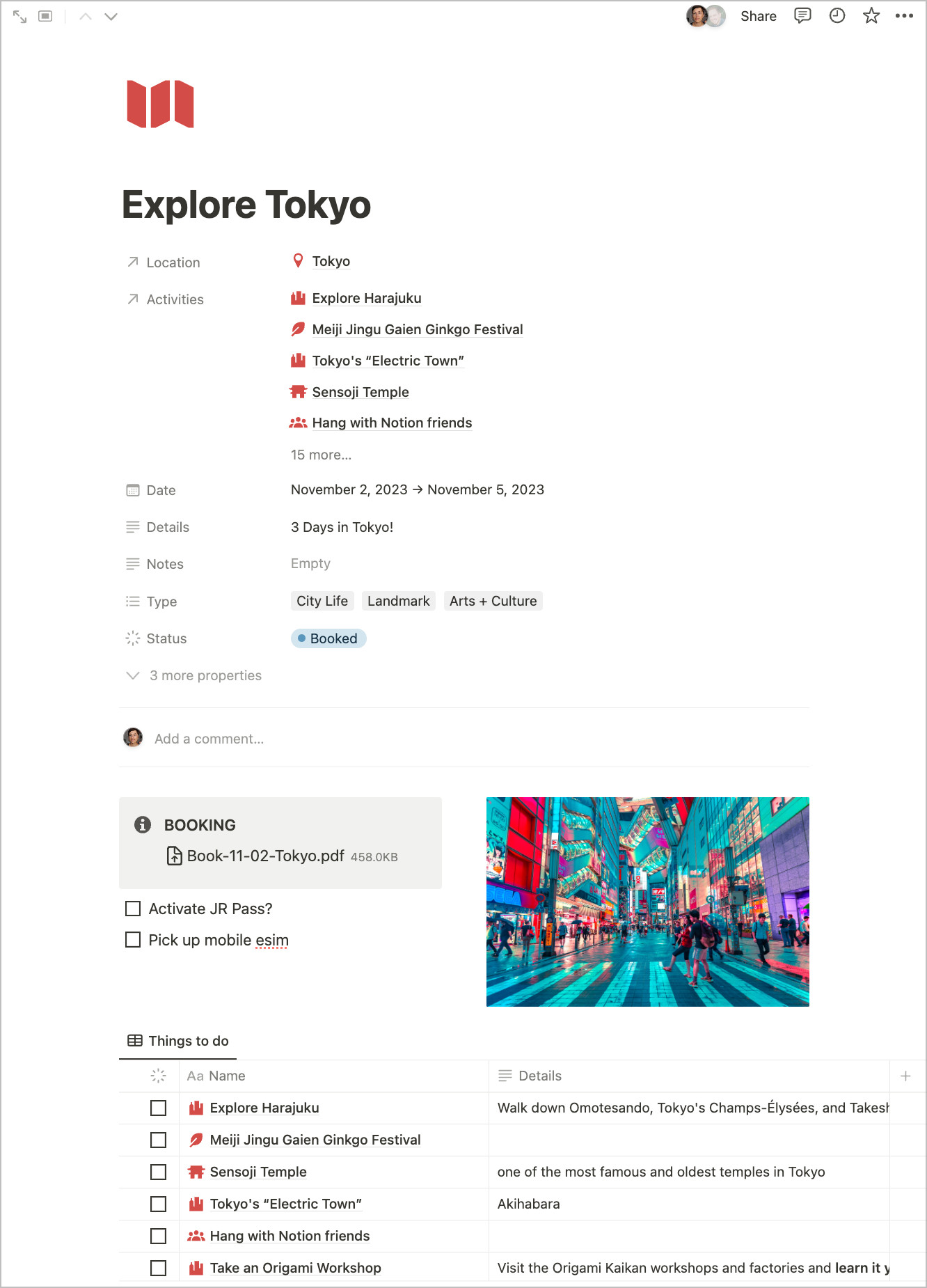 Notion Itinerary Page