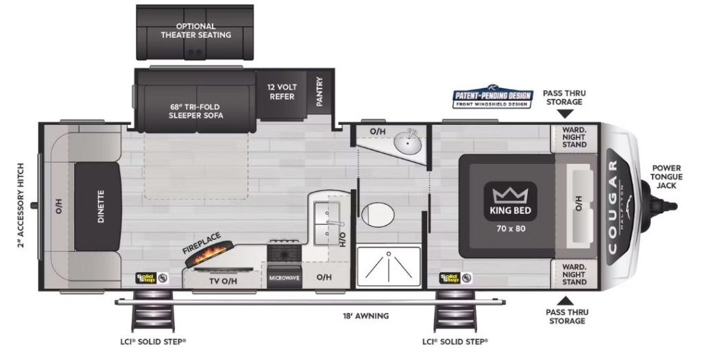 Keystone Cougar 25RDS là một ví dụ về couples travel trailer với khu vực tiếp khách phía sau