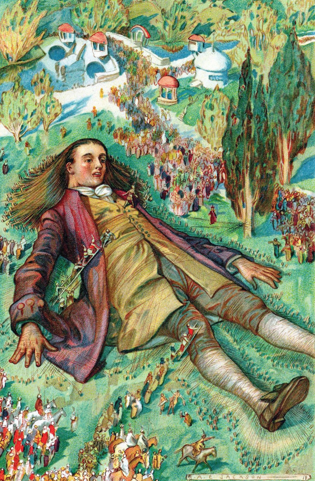 Lemuel Gulliver ở Lilliput, hình minh họa từ một phiên bản của "Gulliver's Travels" của Jonathan Swift.