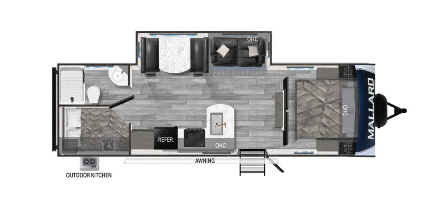 Ảnh chụp cận cảnh nội thất tiện nghi của một chiếc Mallard Travel Trailer, cho thấy không gian bếp và khu vực ăn uống.