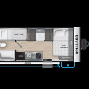 Hình ảnh minh họa một gia đình đang vui vẻ bên cạnh chiếc Mallard Travel Trailer tại một khu cắm trại.
