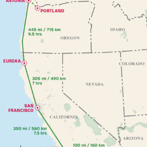 Bản đồ khoảng cách lái xe đường cao tốc ven biển Thái Bình Dương từ California đến Oregon và Washington