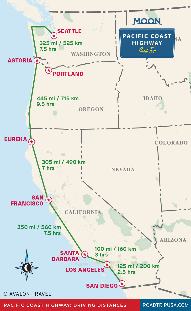 Bản đồ khoảng cách lái xe đường cao tốc ven biển Thái Bình Dương từ California đến Oregon và Washington