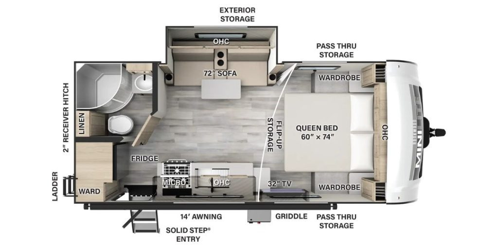 Rockwood mini lite 2109s là một ví dụ về couples travel trailer có slide-out sofa