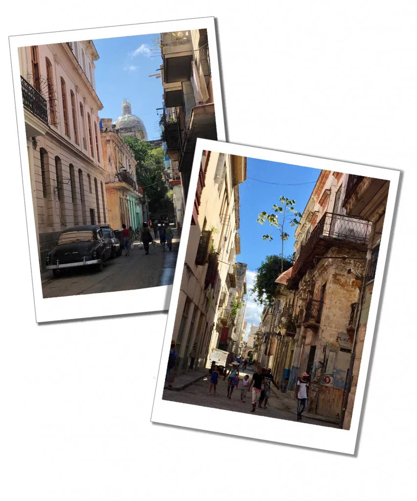 Hai khung cảnh của những con phố sôi động của Havana ở Cuba, với những người dân và xe hơi cổ di chuyển xung quanh