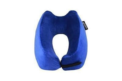 A woman sleeps comfortably on an airplane while wearing the Travelrest Nest Ultimate Memory Foam Travel Pillow.