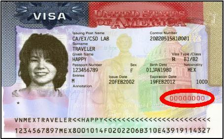 Ví dụ về vị trí số visa trên visa không định cư