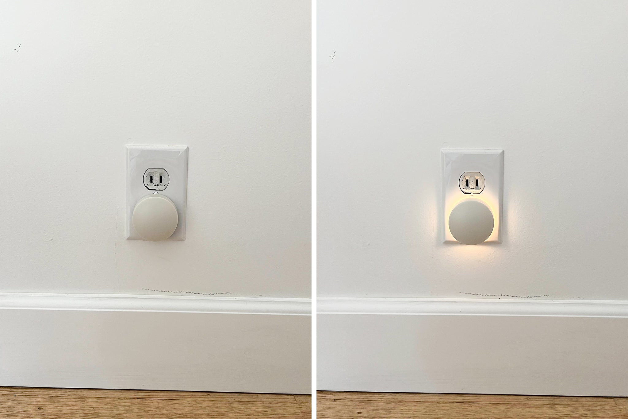 Ảnh chụp cận cảnh đèn ngủ du lịch Casper Glow Nightlight khi tắt và bật, cho thấy sự khác biệt về độ sáng